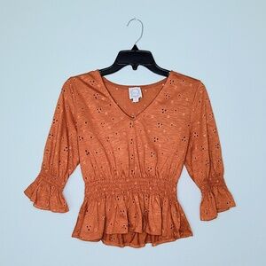 Blue Rain Orange Floral Charlotte Eyelet Peplum Top